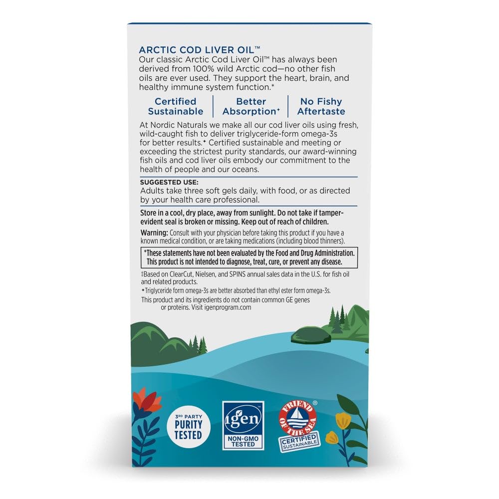Nordic Naturals Arctic Cod Liver Oil | 750mg Omega-3 Fish Oil | EPA & DHA | 180 Softgels | 313g