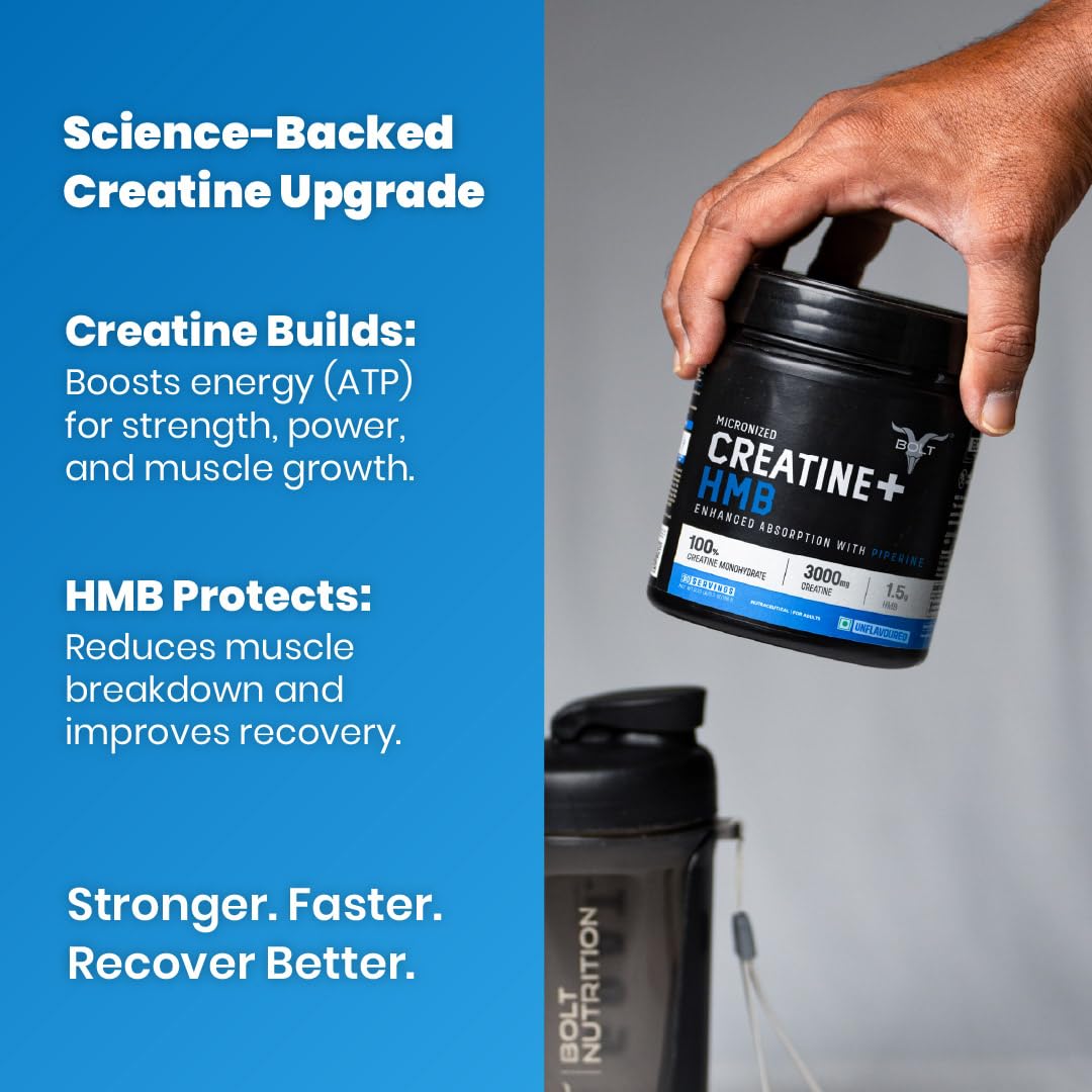 Bolt Nutrition Micronized Creatine + HMB Supplement Powder 150g | 30 Servings