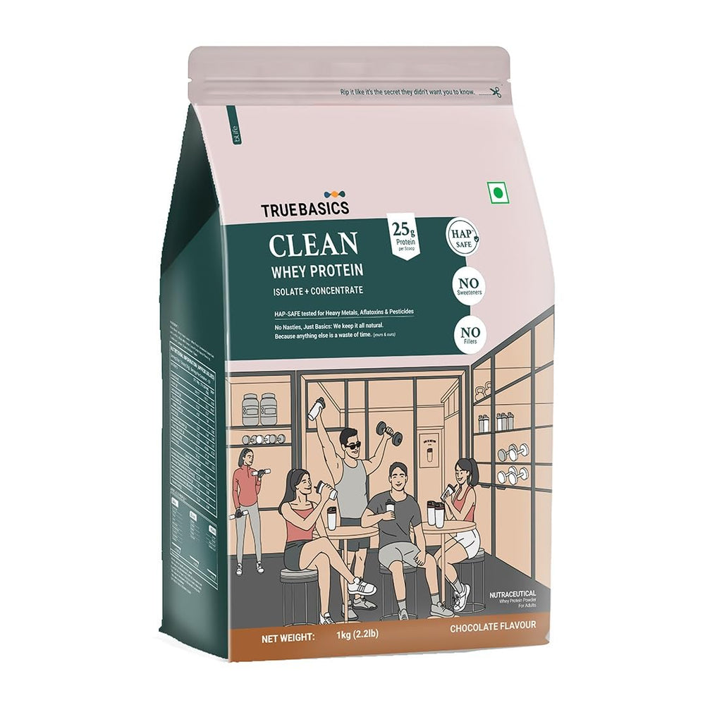 TrueBasics Clean Whey Protein Powder Isolate & Concentrate Blend (1 Kg) | 25g Protein | Trustified Gold Certified
