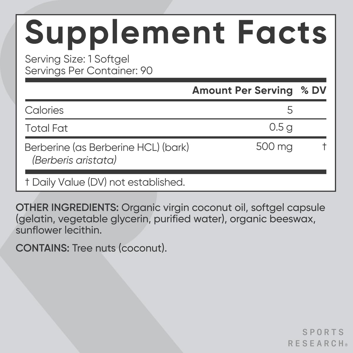 Sports Research Berberine 500mg with Coconut Oil | 90 Softgels