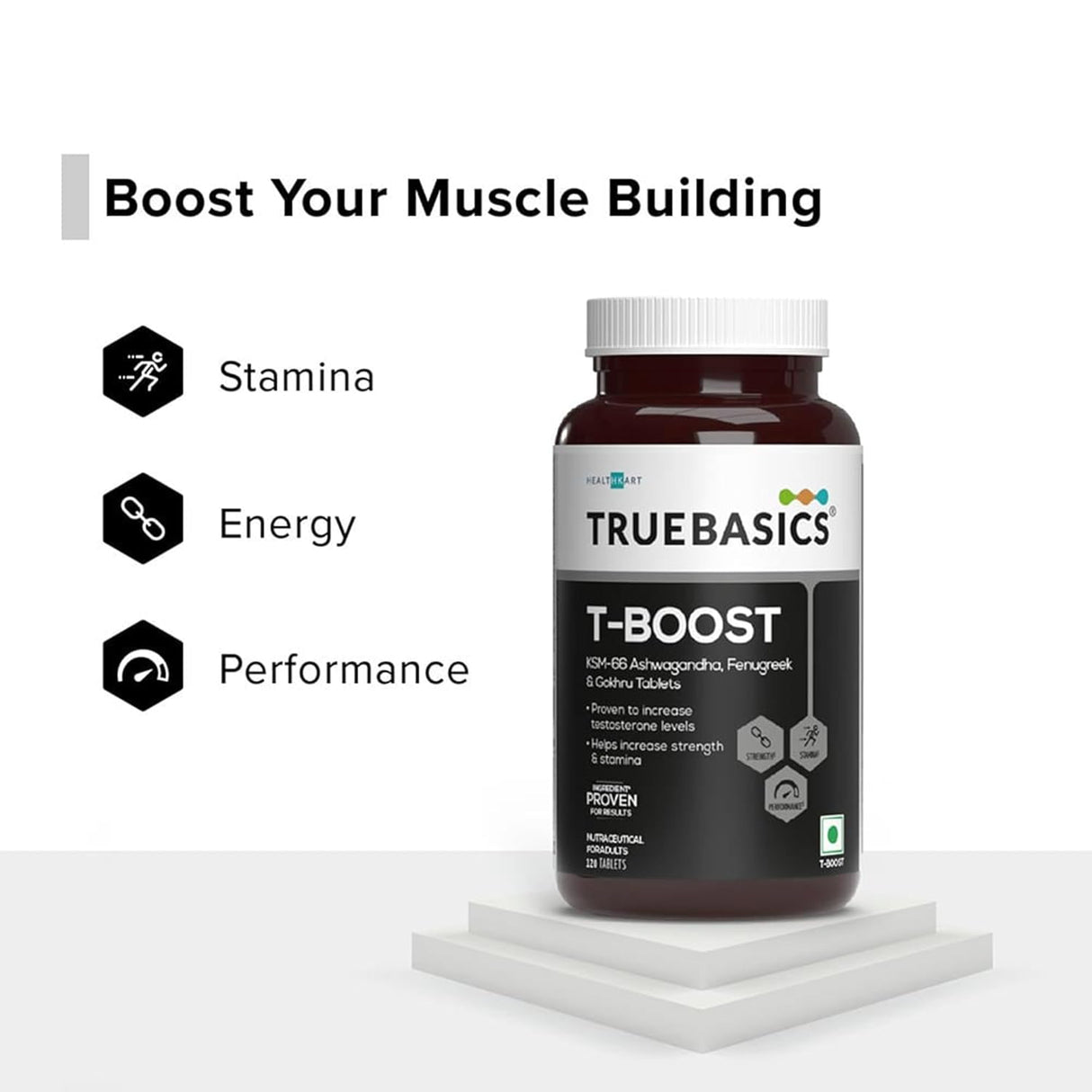 TrueBasics T-Boost for Men | KSM-66 Ashwagandha, Safed Musli, Gokshura & Ginseng | 120 Capsules