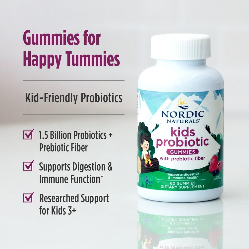 Nordic Naturals Kids Nordic Flora Probiotic Gummies | 1.5 Billion CFU | Prebiotic Fiber & Bacillus Coagulans | 60 Gummies