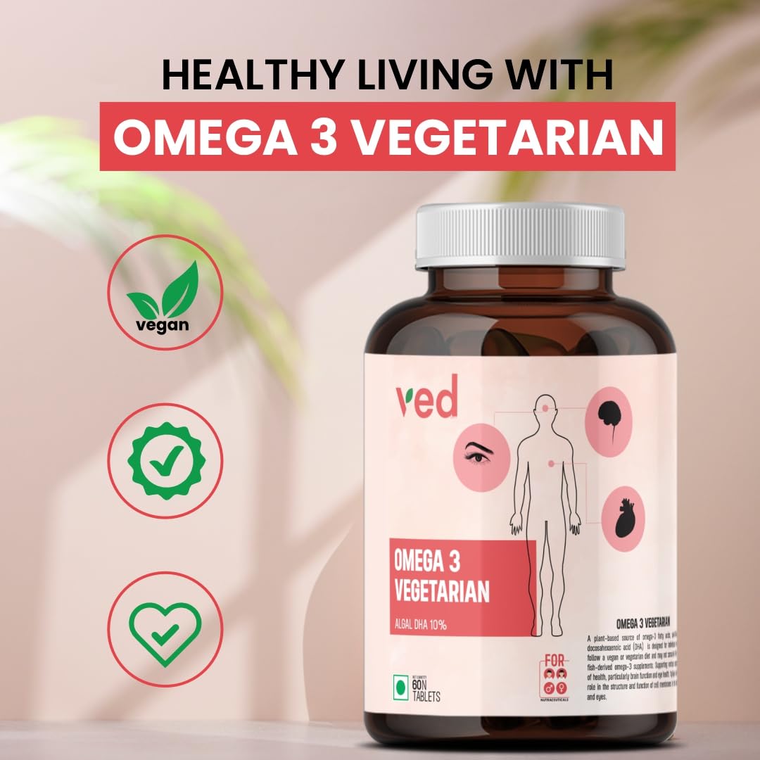 VEDayu Veg Omega 3 1000mg - for Men & Women with Veg DHA Without Fish Oil - 60 Tablets