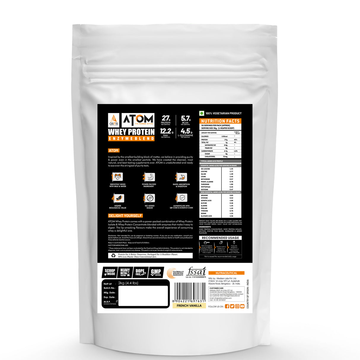 AS-IT-IS Atom Whey Protein with Digestive Enzymes 4.4 Lbs (2 kg ) - Nutristar