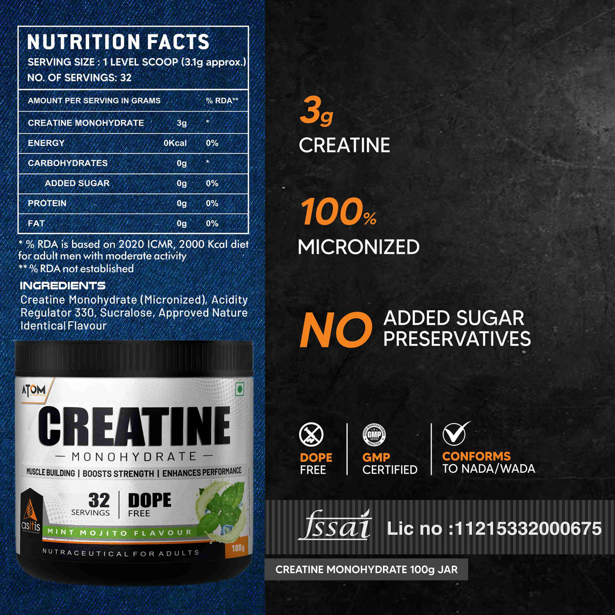 AS-IT-IS ATOM Creatine Monohydrate 100g - 32 Servings