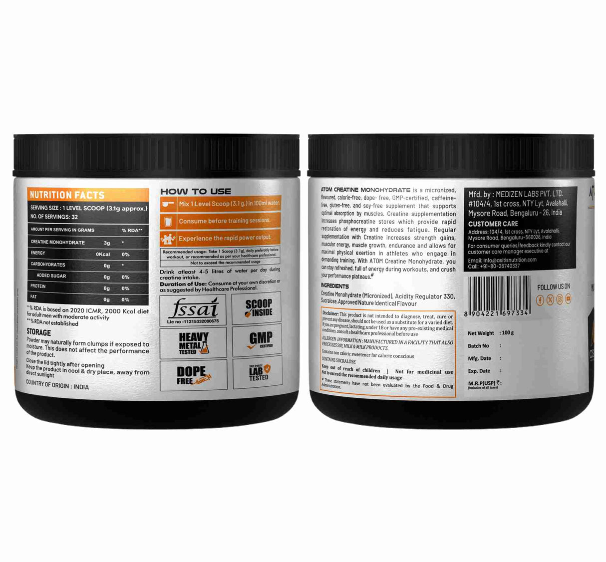 AS-IT-IS ATOM Creatine Monohydrate 100g - 32 Servings