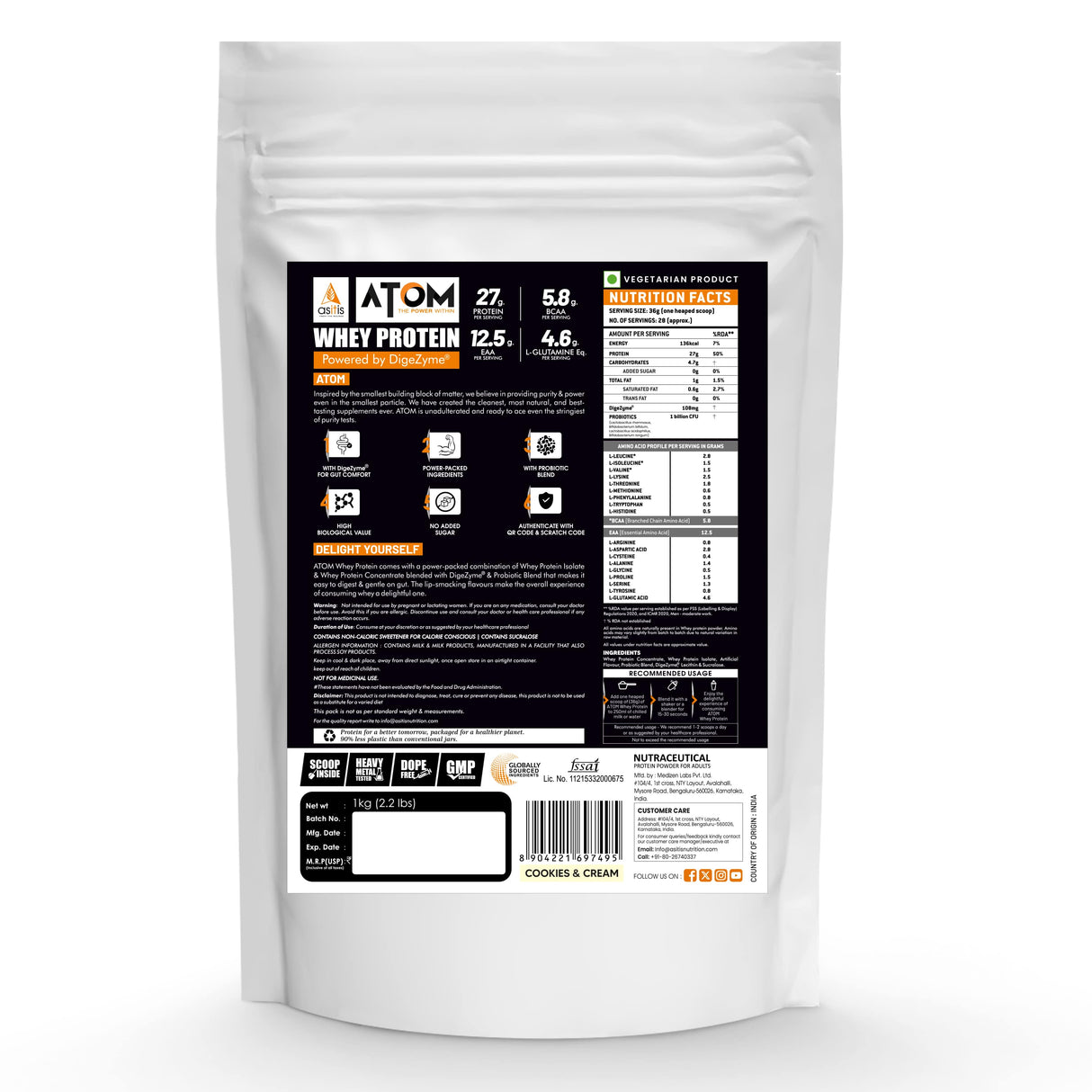 AS-IT-IS Atom Whey Protein with Digestive Enzymes - 1 kg (2.2 Lbs)