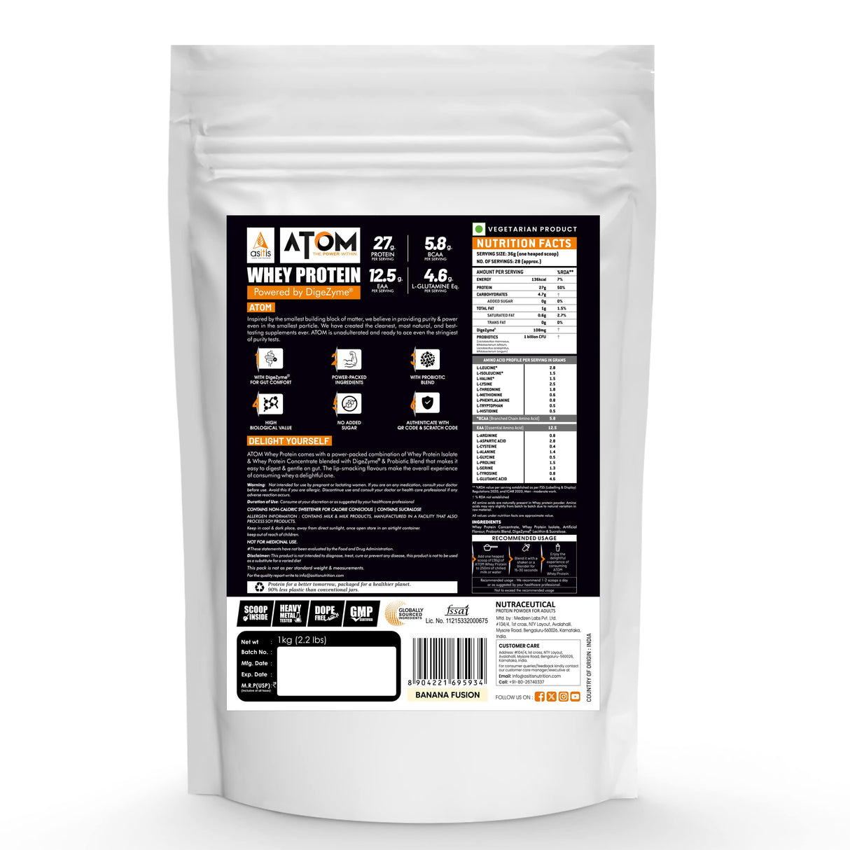 AS-IT-IS Atom Whey Protein with Digestive Enzymes - 1 kg (2.2 Lbs)