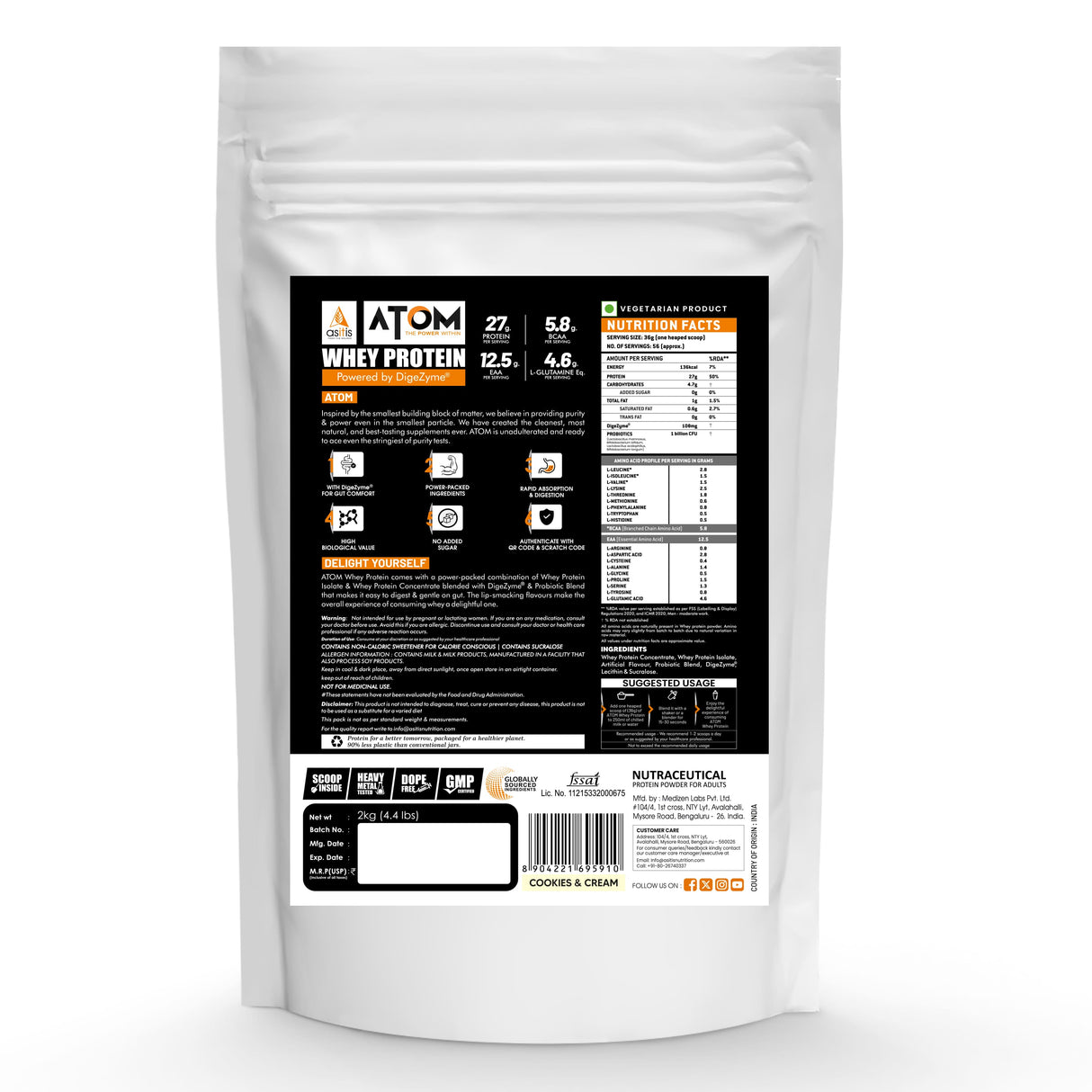 AS-IT-IS Atom Whey Protein with Digestive Enzymes - 2 kg (4.4 Lbs)