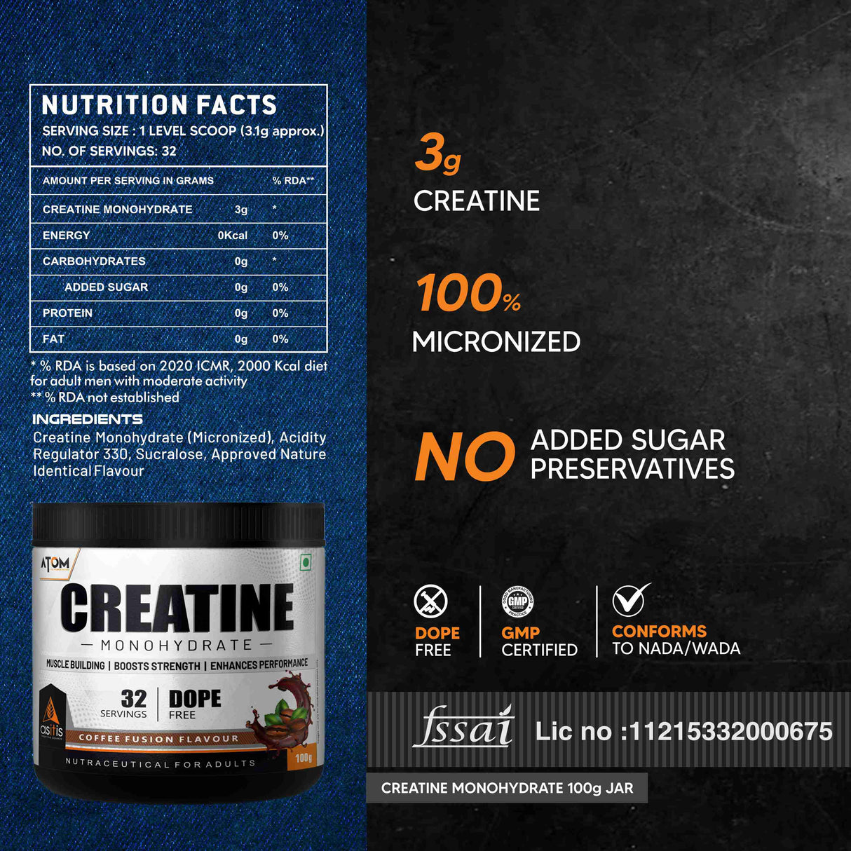 AS-IT-IS ATOM Creatine Monohydrate 100g - 32 Servings