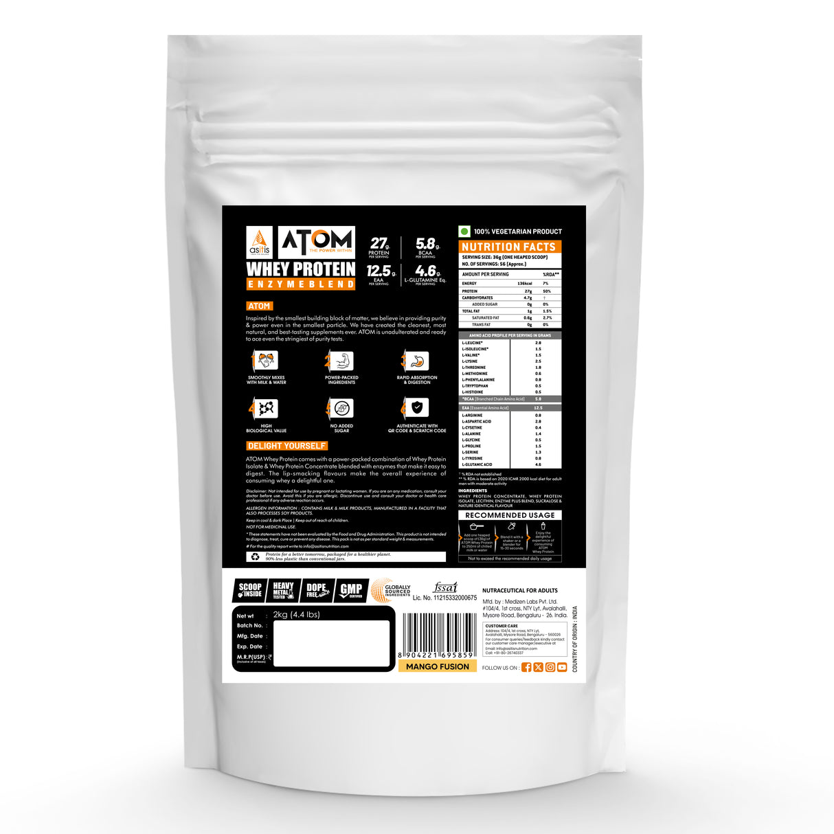 AS-IT-IS Atom Whey Protein with Digestive Enzymes 4.4 Lbs (2 kg )