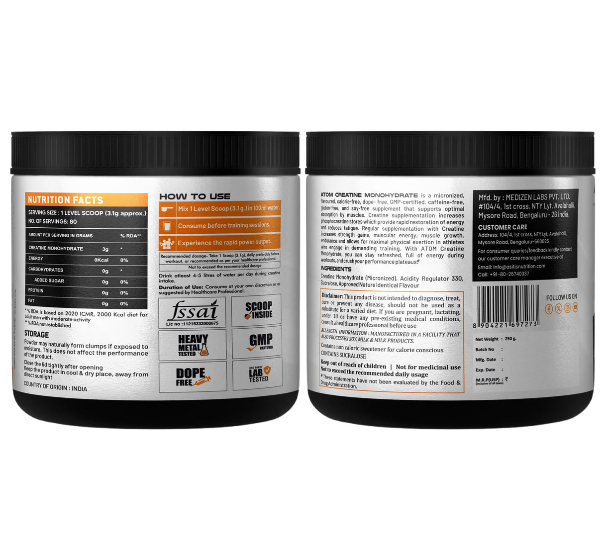 AS-IT-IS ATOM Creatine Monohydrate 250g - 80 Servings