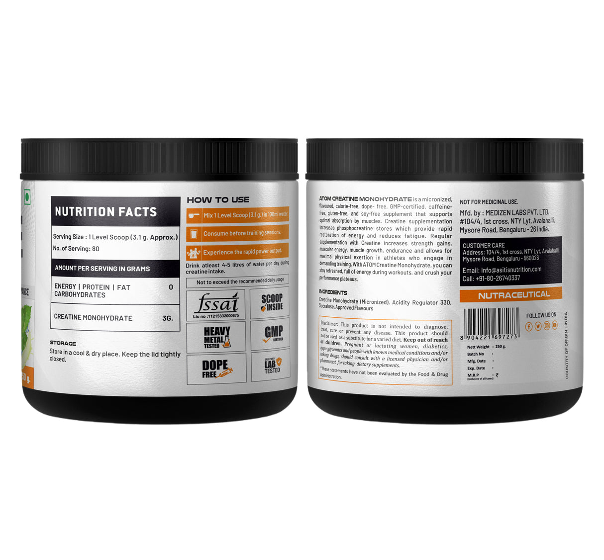 AS-IT-IS ATOM Creatine Monohydrate 250g - 80 Servings - Nutristar