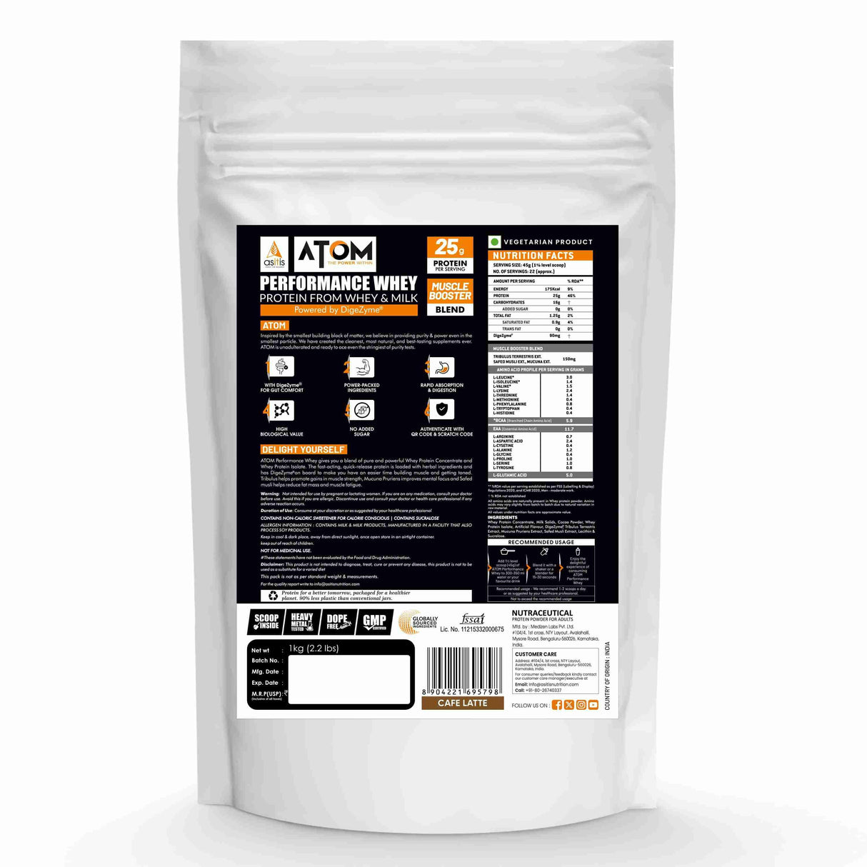 AS-IT-IS ATOM Performance Whey Protein 1 Kg + Nutristar Micronized CREA Gold Creatine Monohydrate 250g (83 Servings) - Muscle Strength & Lean Gain Combo