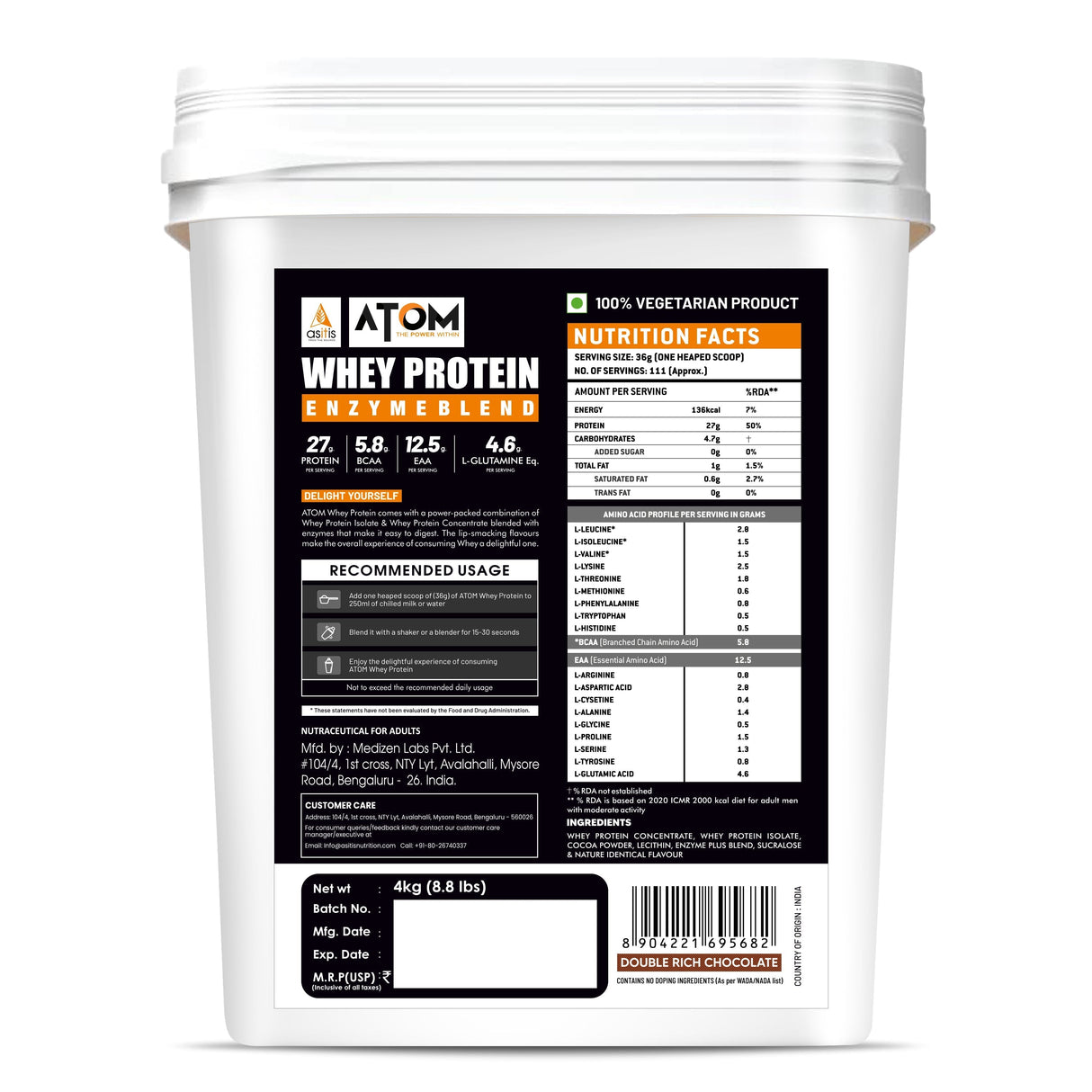 AS-IT-IS Atom Whey Protein with Digestive Enzymes - 4 Kg  (8.8 Lbs)