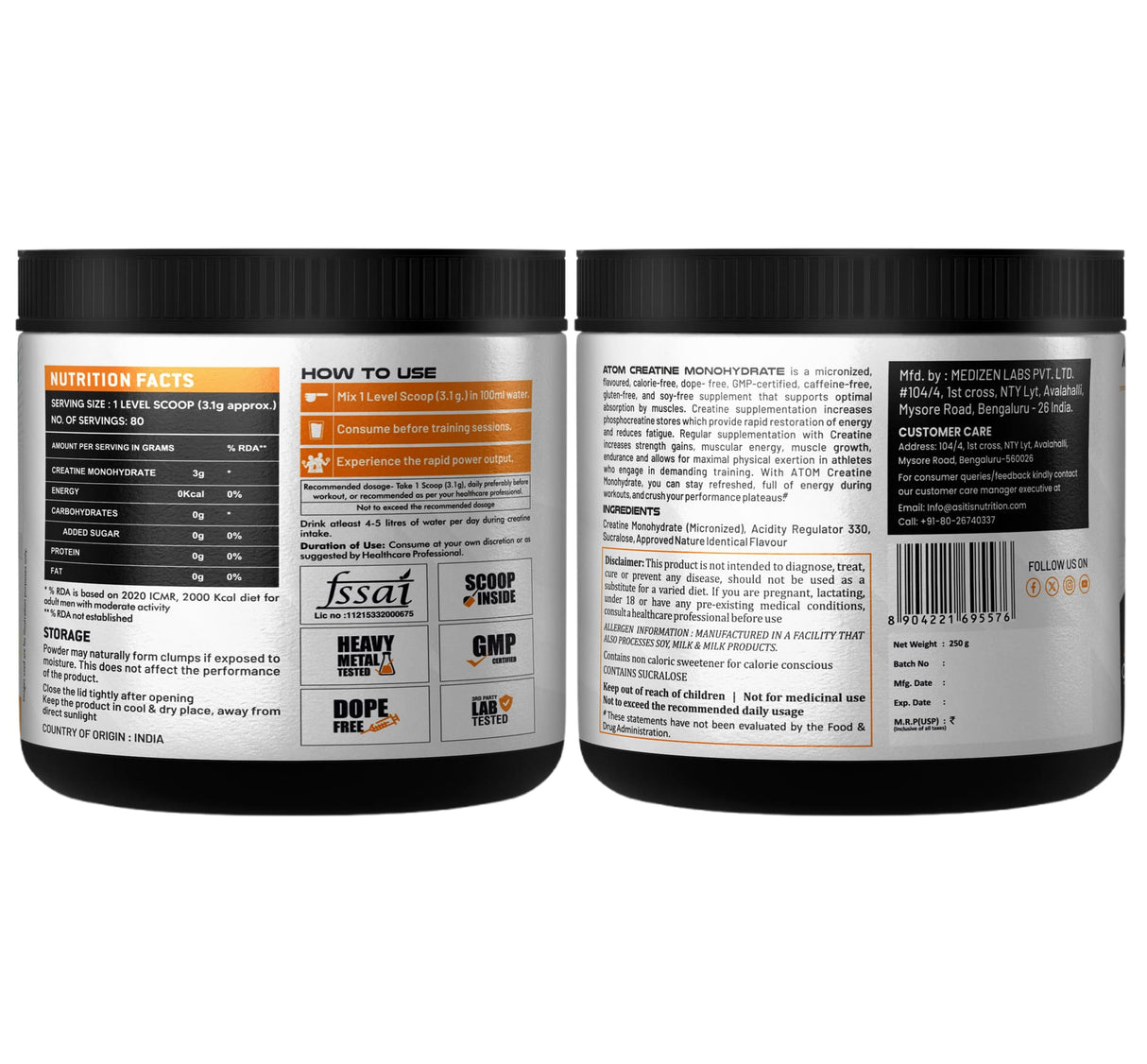 AS-IT-IS ATOM Creatine Monohydrate 250g - 80 Servings