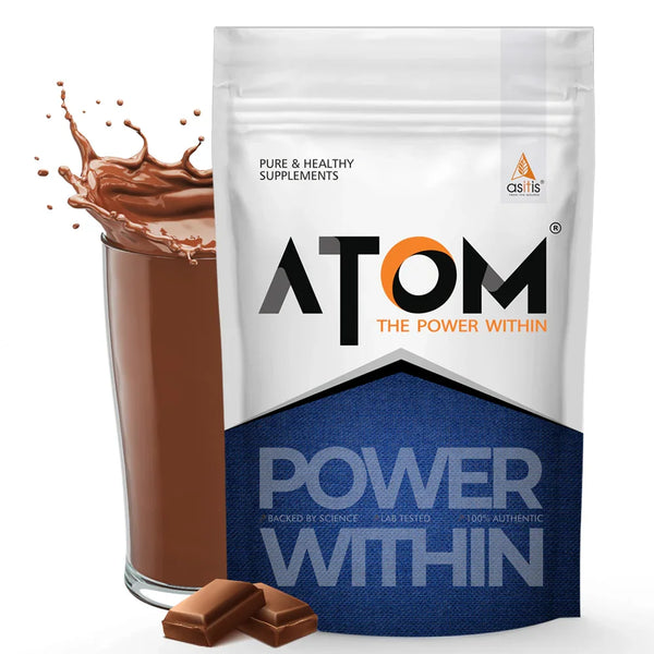 Buy ATOM Power Within mass gainer chocolate supplement online at Nutristar, with chocolate pieces and a glass of chocolate shake.