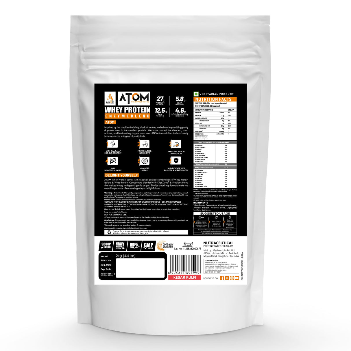 AS-IT-IS Atom Whey Protein with Digestive Enzymes - 2 kg (4.4 Lbs)