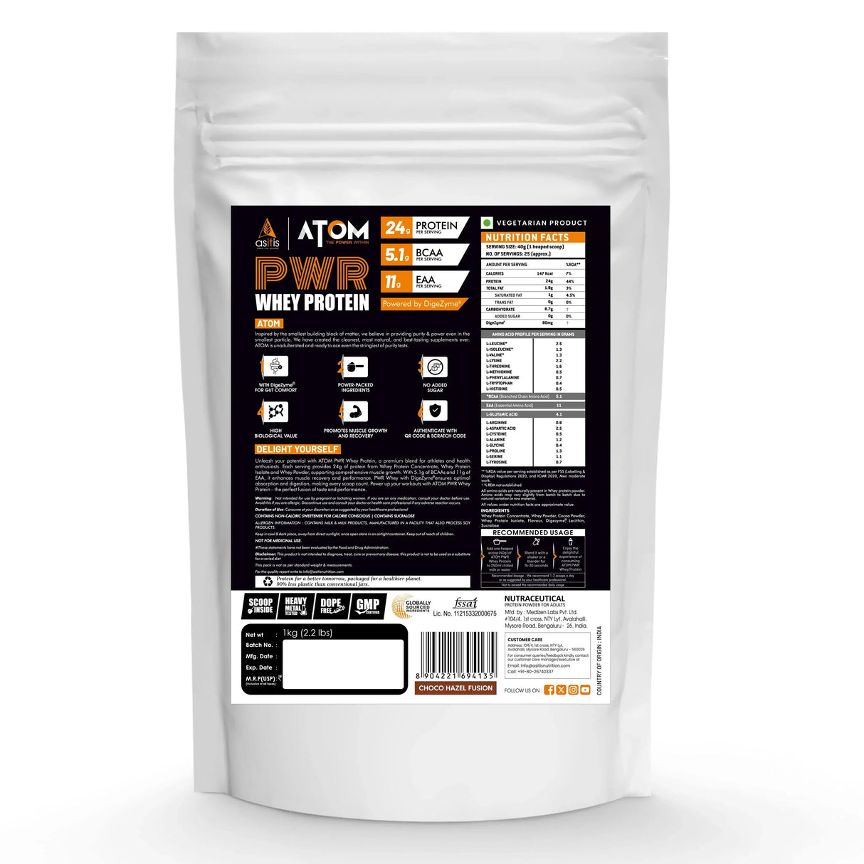 AS-IT-IS ATOM PWR Whey Protein 1 Kg + Nutristar Micronized CREA Gold Creatine Monohydrate 250g (83 Servings) - Power & Performance Stack