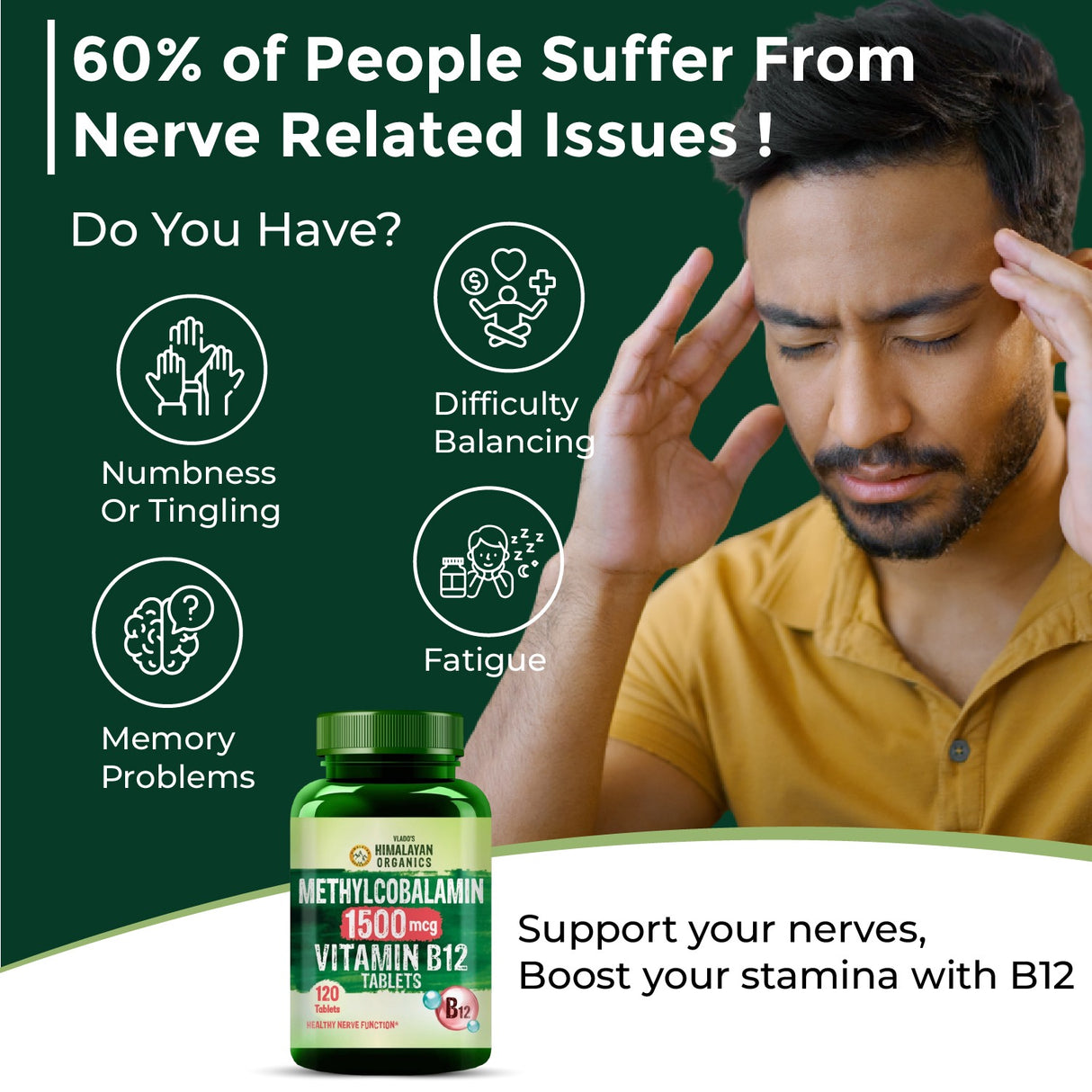 Vlado's Himalayan Organics Vitamin B12 1500mcg Tablets | 120 Veg Tablets | Methylcobalamin Supplement