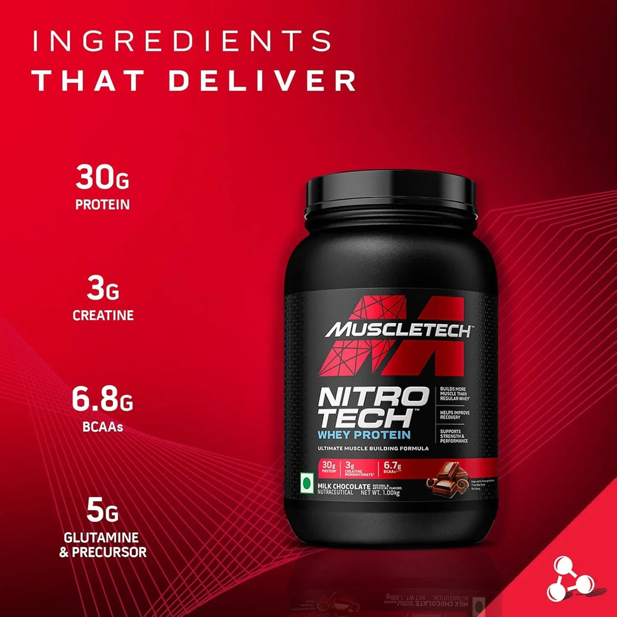 MuscleTech Nitro-Tech Performance Series Whey Protein 4 Lbs (1.81 Kg) + Nutristar Micronized CREA Gold Creatine Monohydrate 250g (83 Servings) - Advanced Muscle Building Stack