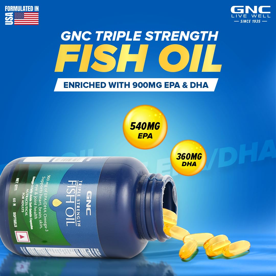 GNC Triple Strength Fish Oil - 1500 mg Fish Oil with 900 mg of highly absorbable EPA/DHA Omega-3 - 60 Softgels - Nutristar