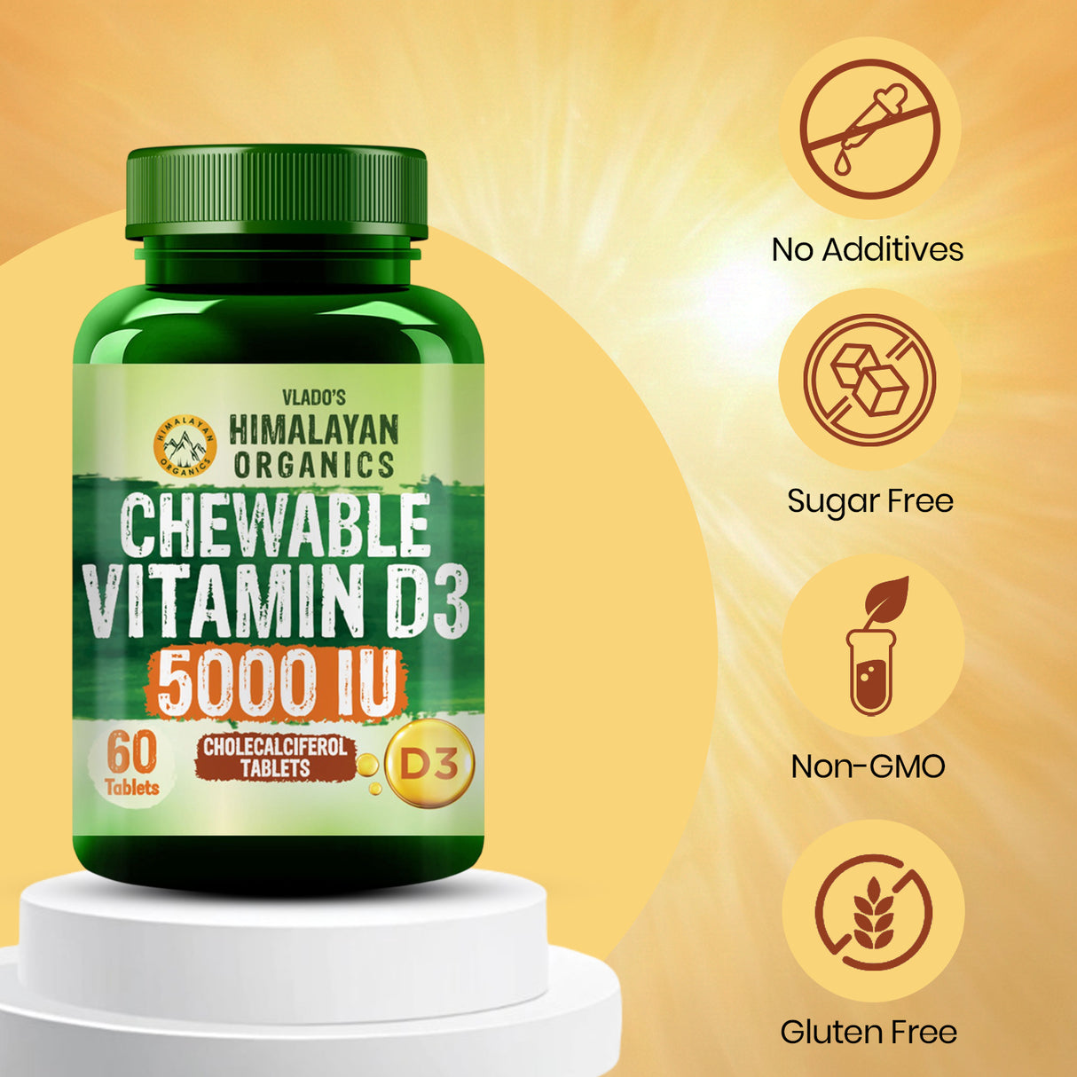 Vlado's Himalayan Organics Vitamin D3 5000 IU Chewable Tablets | 60 Tablets | Bone & Immunity Support