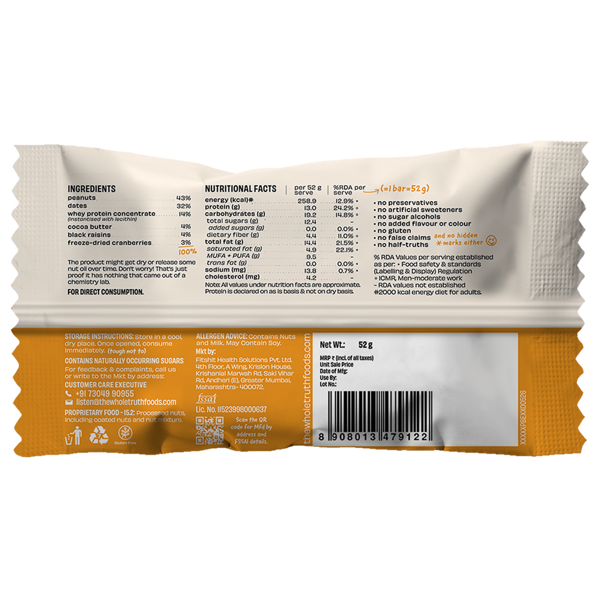 The Whole Truth - Protein Bars | Pack of 6 x 52g each | No Added Sugar | No Preservatives | No Artificial Sweeteners