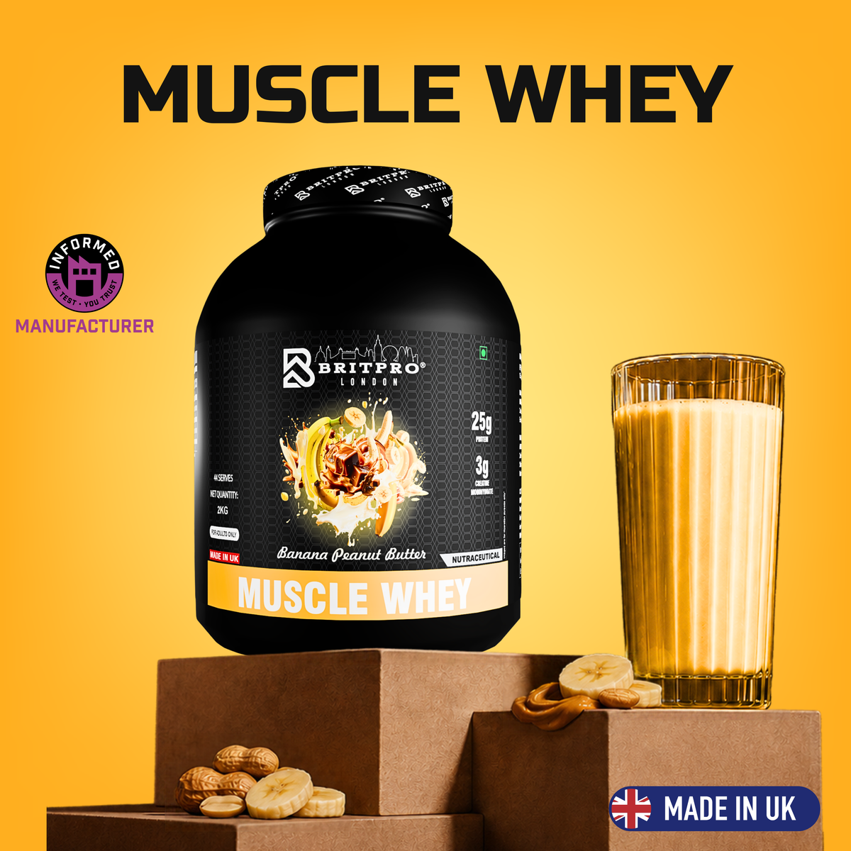 BRITPRO London Muscle Whey Protein Powder - 2kg | 44 Servings (INDIAN)