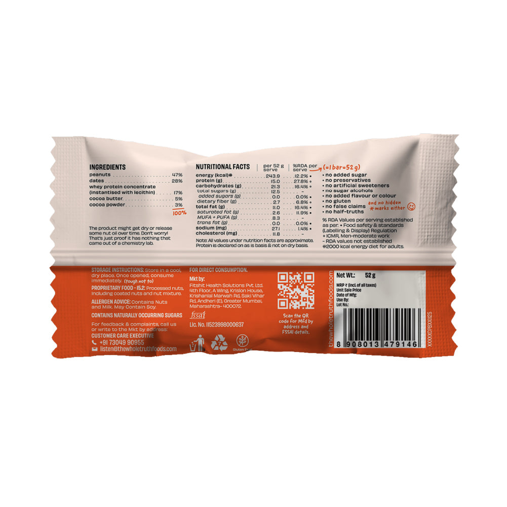 The Whole Truth - Protein Bars | Pack of 6 x 52g each | No Added Sugar | No Preservatives | No Artificial Sweeteners