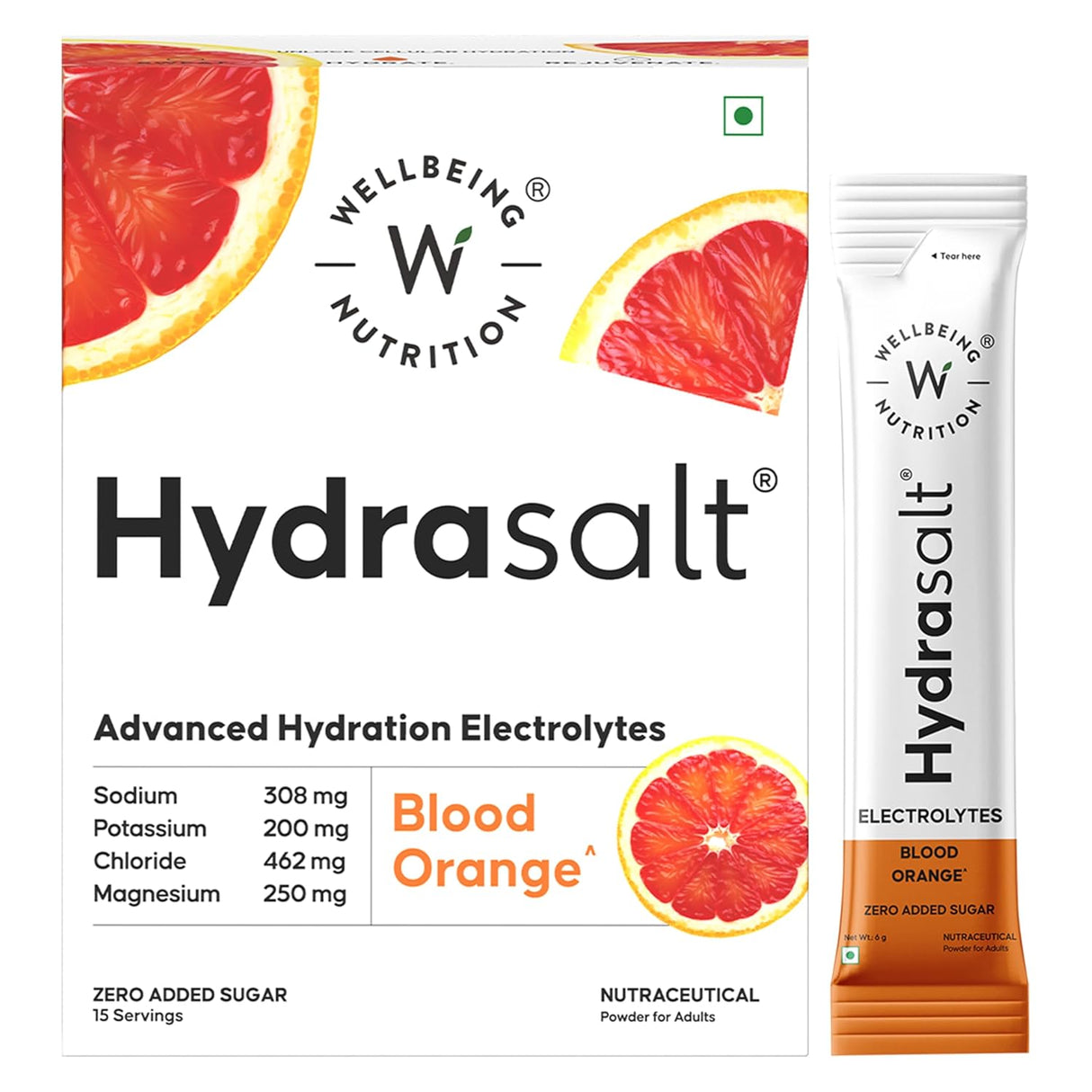 Wellbeing Nutrition HydraSalt Electrolyte Drink with Zero Added Sugar | 5 Electrolytes & 3 Vitamins for Instant Hydration, Energy, Performance & Recovery | 90g, Pack of 15