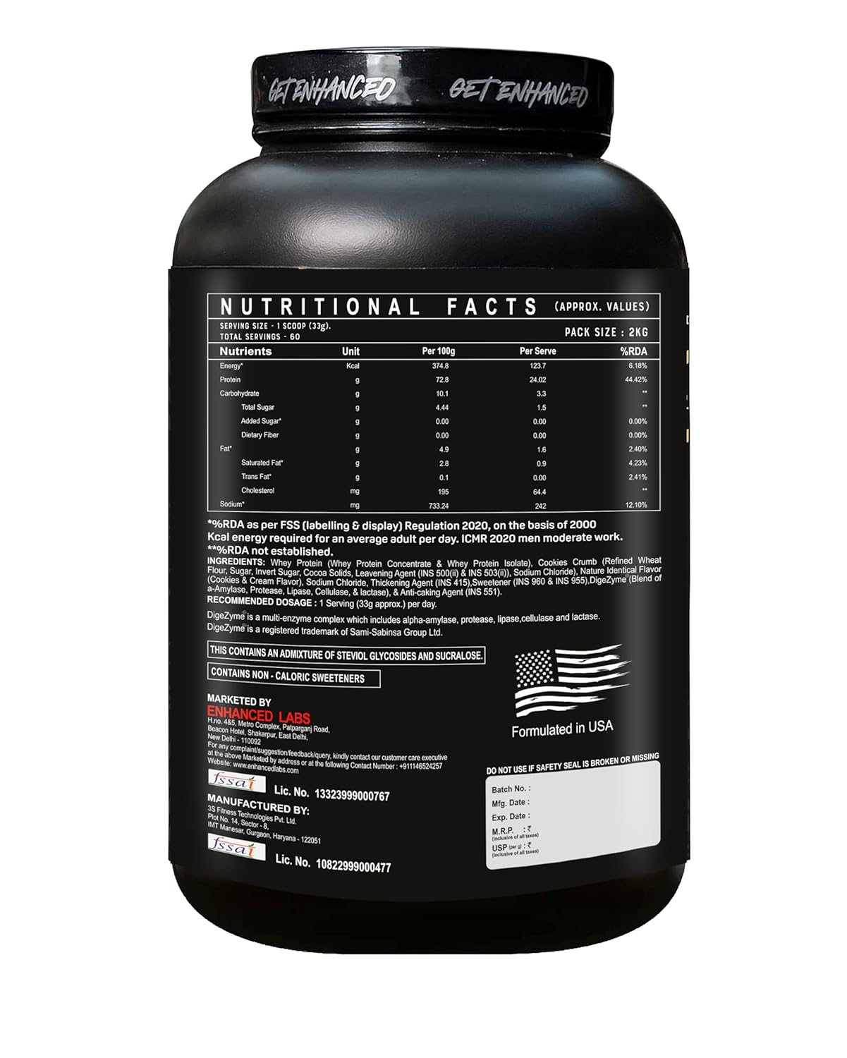 Enhanced Labs Premium Whey Protein 2kg | 24g Protein Per Scoop | 60 Servings | Digestive Enzymes