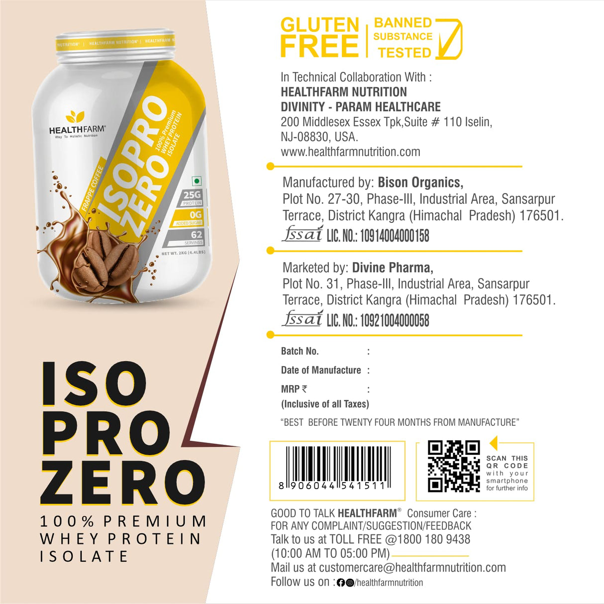 Healthfarm Isopro Zero 100% Whey Protein Isolate | Fast Recovery | 2 Kg (4.4 lbs)