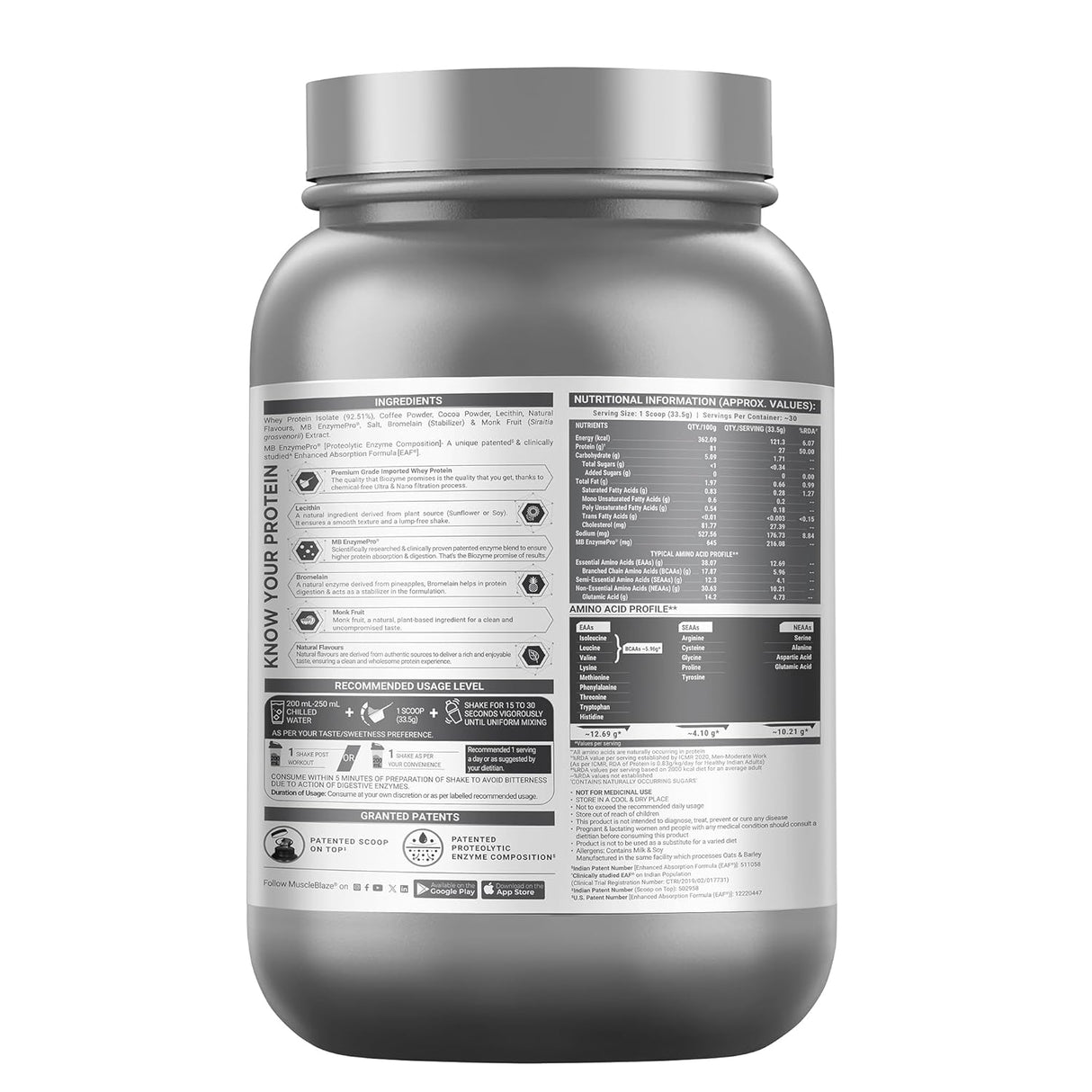 MuscleBlaze Biozyme Iso-Zero Low Carb Whey Protein Isolate - 1 Kg