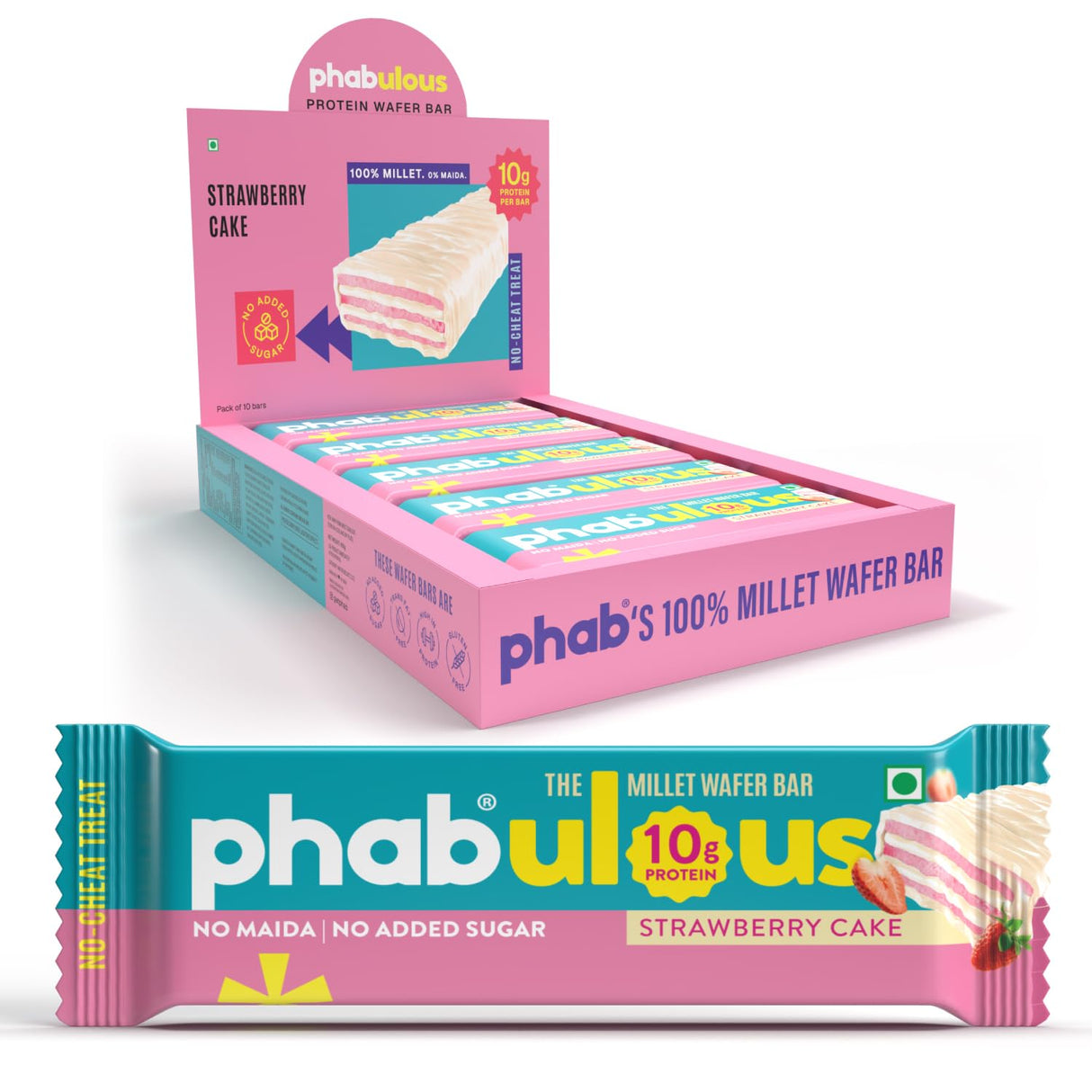 PHAB Protein Wafer Bar Cookies & Cream | 10g Protein | Millet-Based Snack | Pack of 10