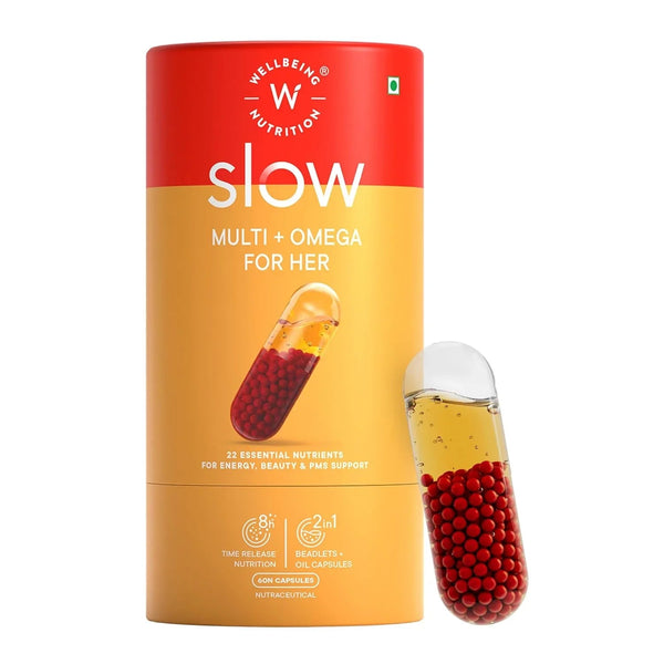 Wellbeing Nutrition Slow Multivitamin & Vegan Omega 3 for Her | Biotin, CoQ10, B-Complex, Iron, Zinc | Skin Radiance, Energy & Metabolism | 60 Veg Capsules