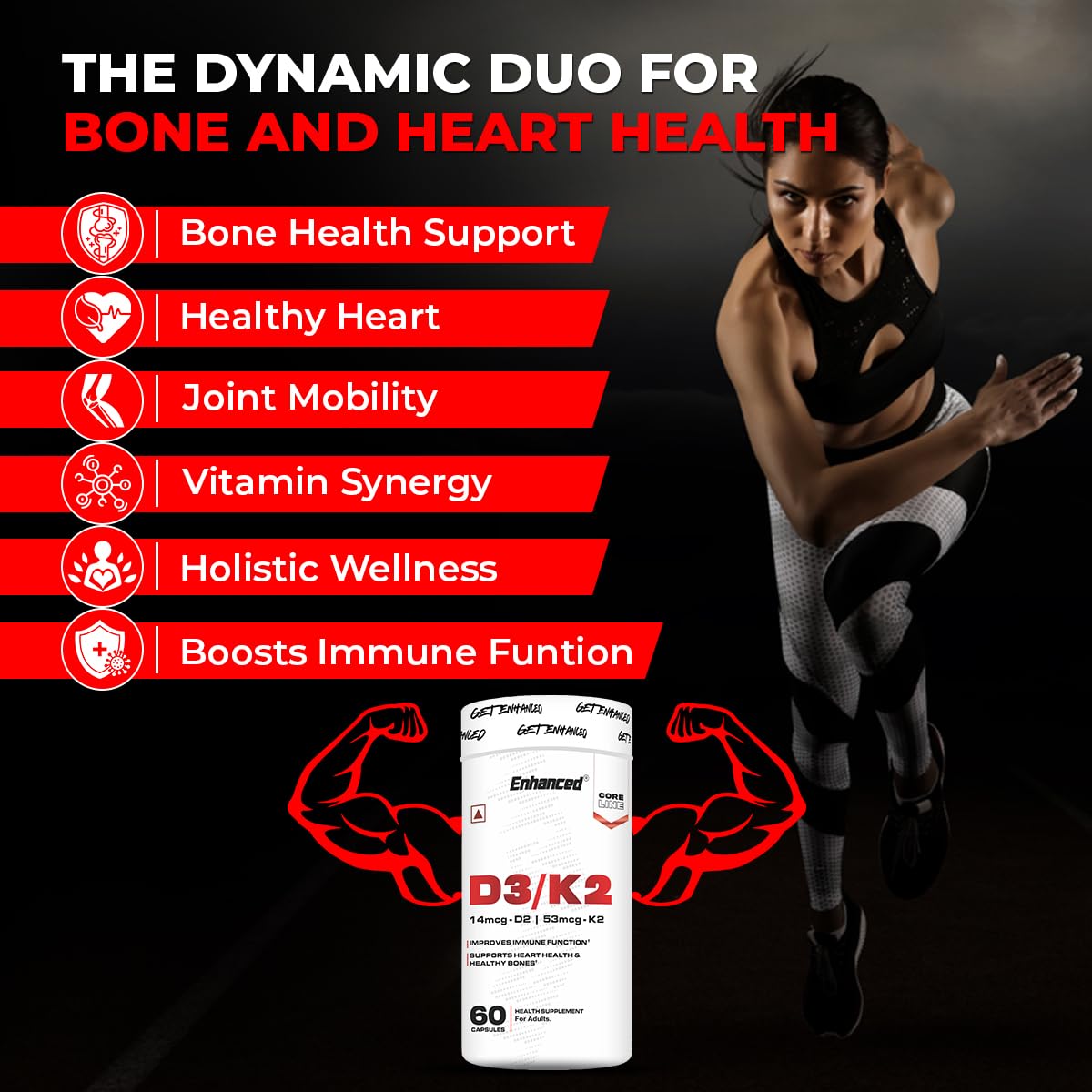 Enhanced Labs Vitamin D3 + K2 Supplement – 60 Capsules | Bone & Immune Support
