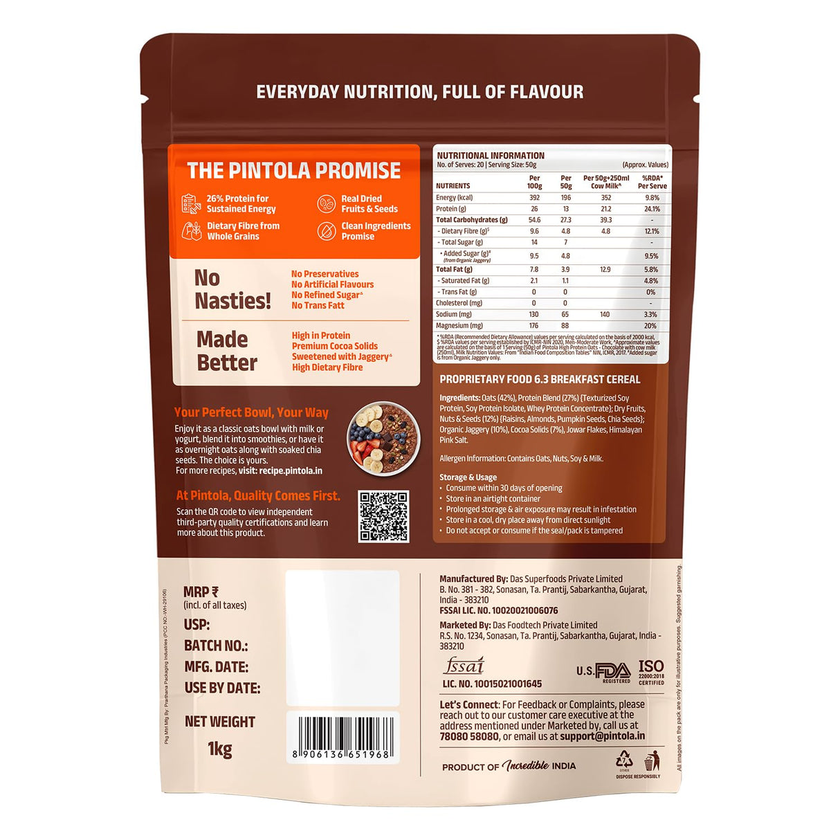 Pintola High Protein Oats Dark Chocolate 1 Kg | 26g Protein |  Breakfast Cereal