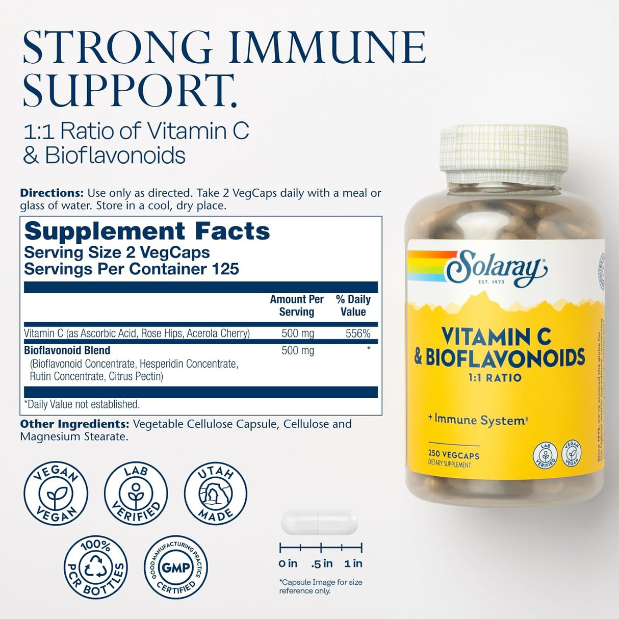 SOLARAY Vitamin C 500mg | Citrus Bioflavonoids, Rose Hips & Acerola | 250 Capsules