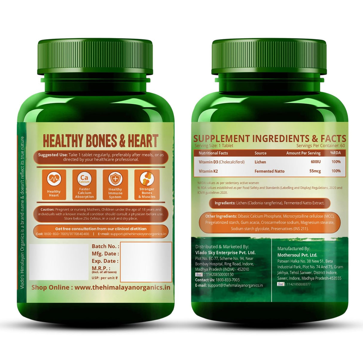 Vlado's Himalayan Organics Vitamin D3 600 IU + K2 MK7 55 mcg Tablets | Lichen-Sourced Plant-Based Formula | 60 Veg Tablets