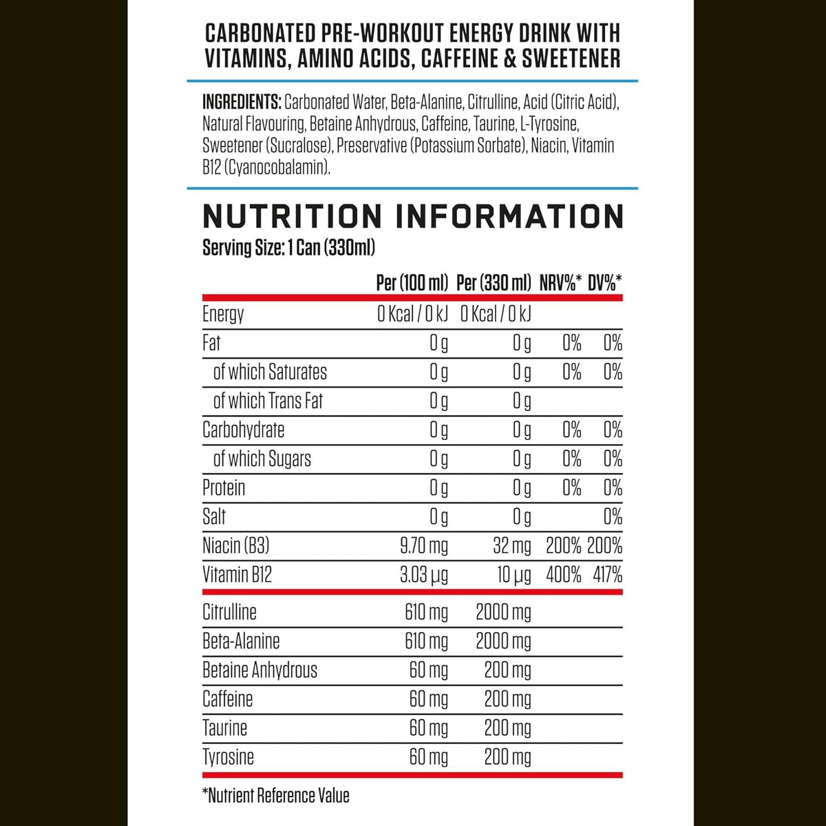 Applied Nutrition ABE Pre-Workout RTD | Sugar-Free Carbonated Drink | 330ml x 12