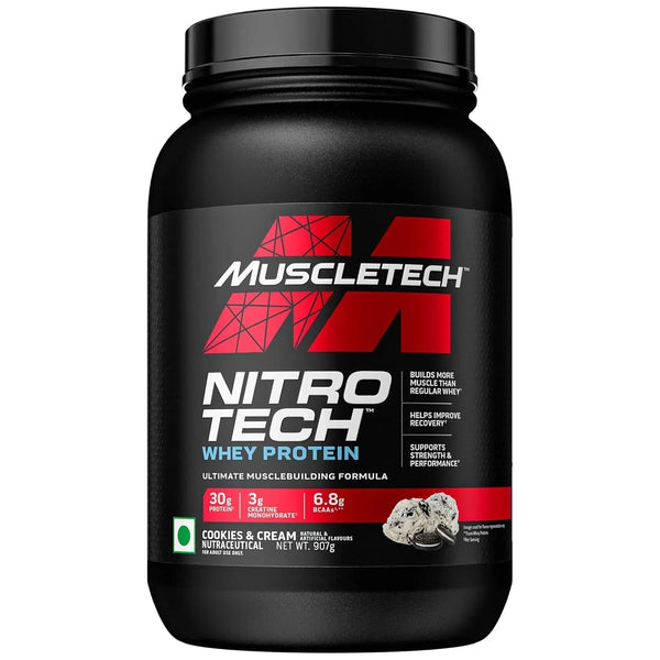 Buy MuscleTech Nitro Tech whey protein cookies & cream 907g at Nutristar health supplement store