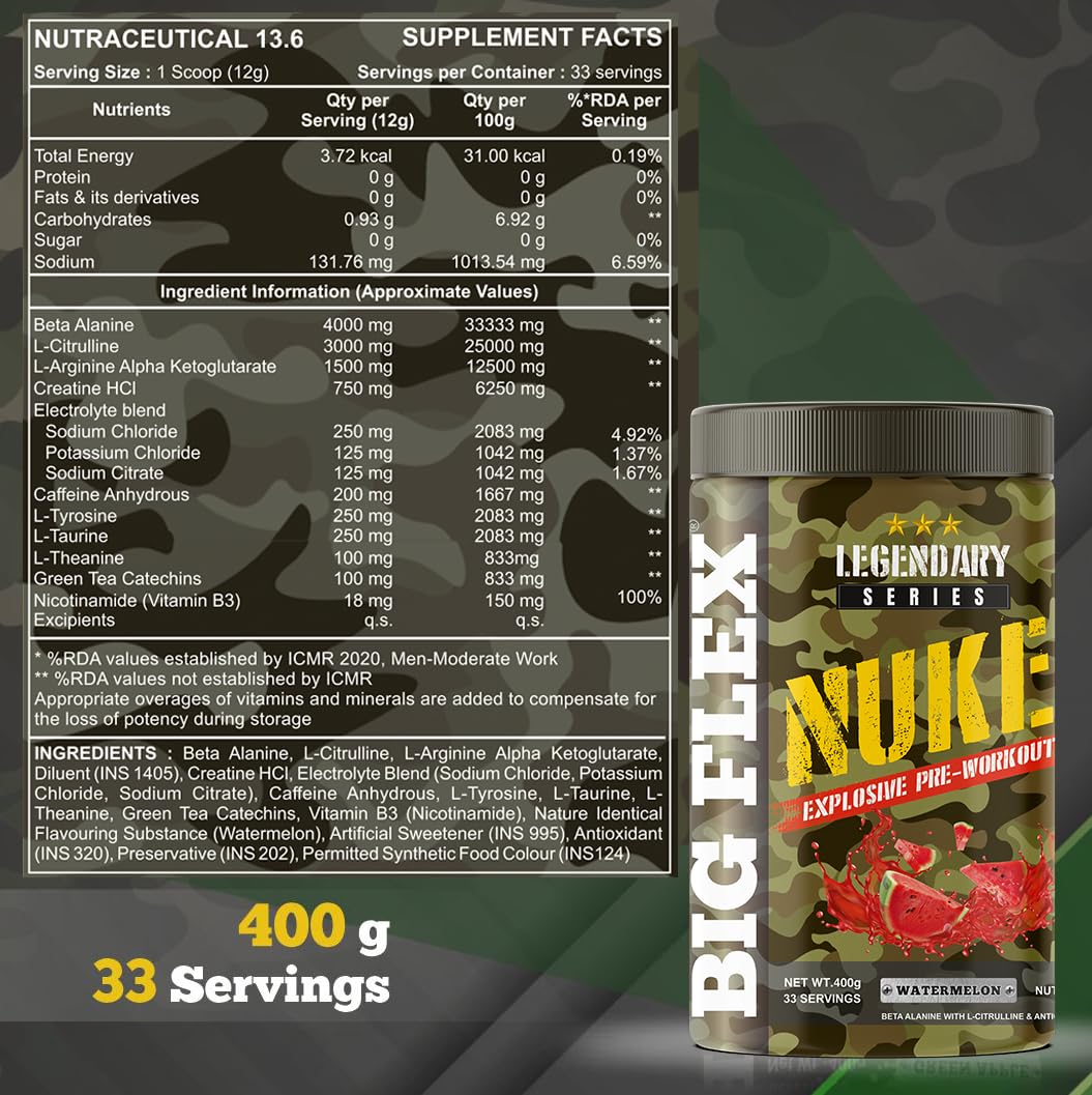 Bigflex Nuke Pre-Workout Powder | Energy & Workout Support | 400g (33 Servings)