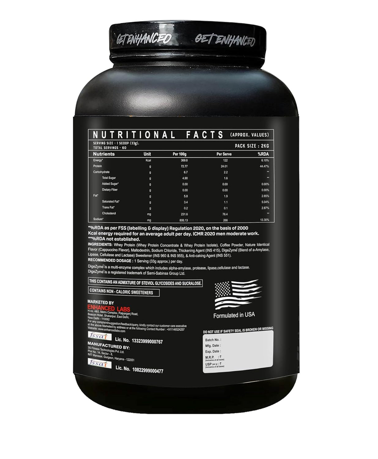 Enhanced Labs Premium Whey Protein 2kg | 24g Protein Per Scoop | 60 Servings | Digestive Enzymes