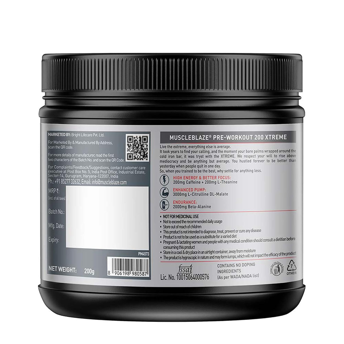 MuscleBlaze PRE Workout 200 Xtreme, 200 g - 30 Servings