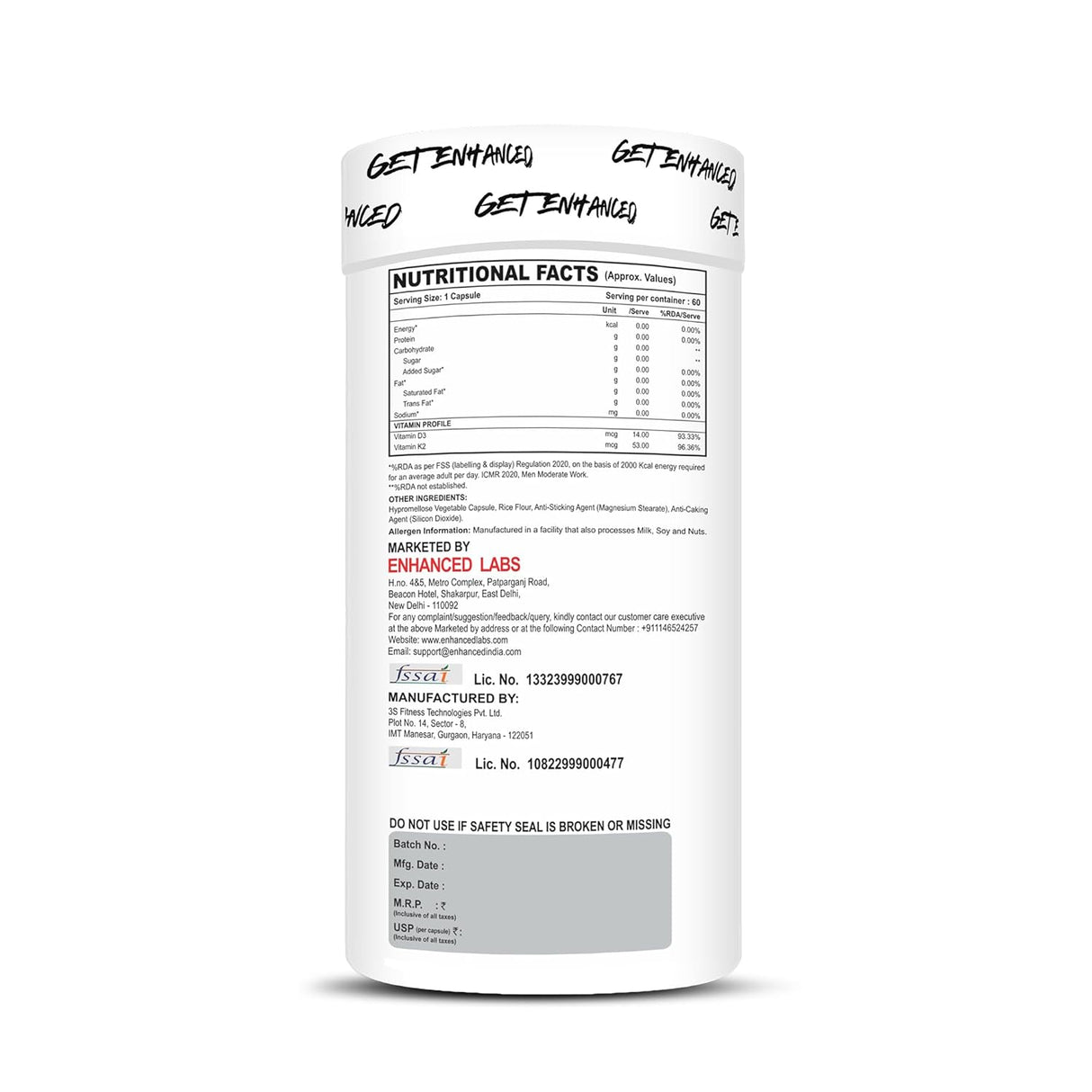 Enhanced Labs Vitamin D3 + K2 Supplement – 60 Capsules | Bone & Immune Support