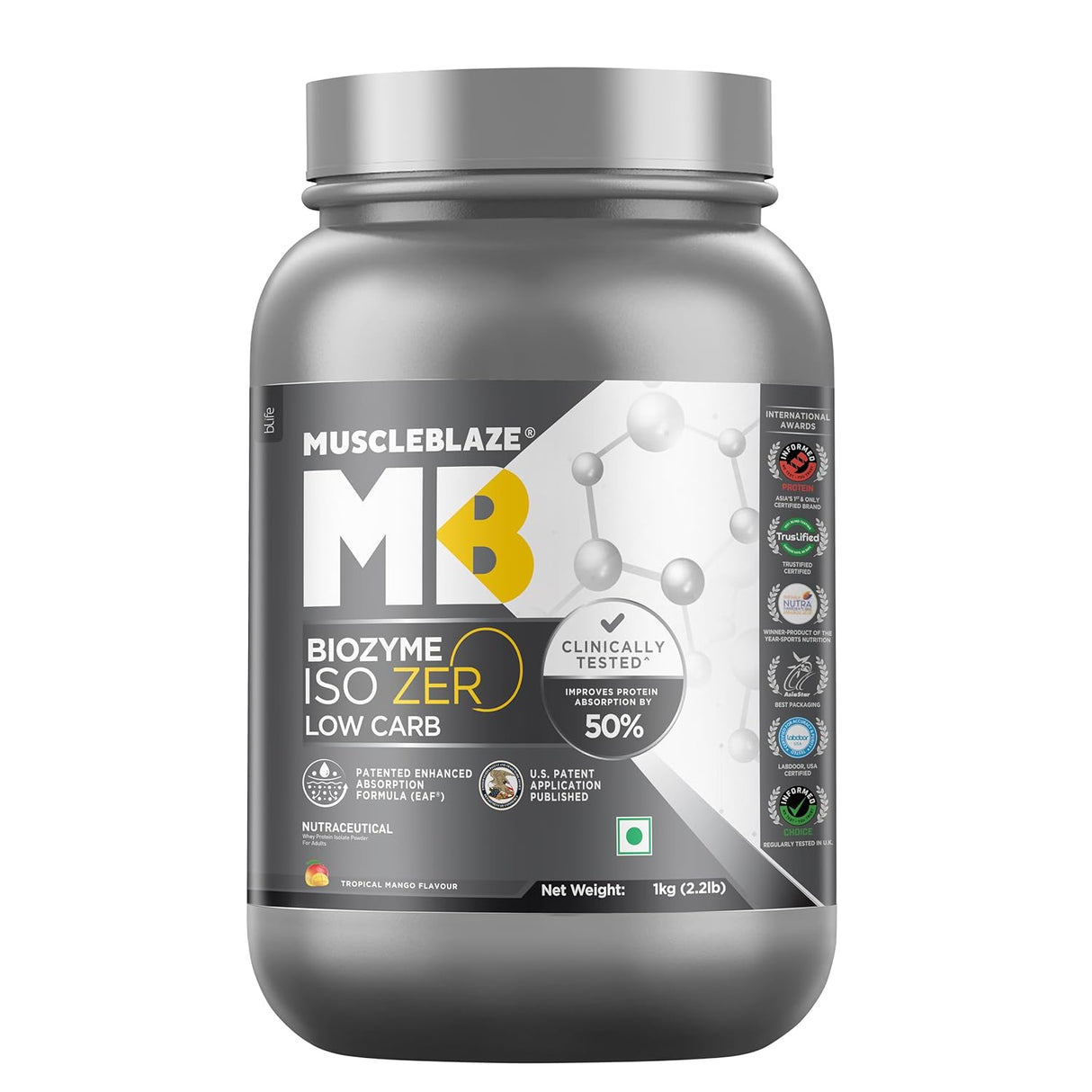 MuscleBlaze Biozyme Iso-Zero Low Carb Whey Protein Isolate - 1 Kg