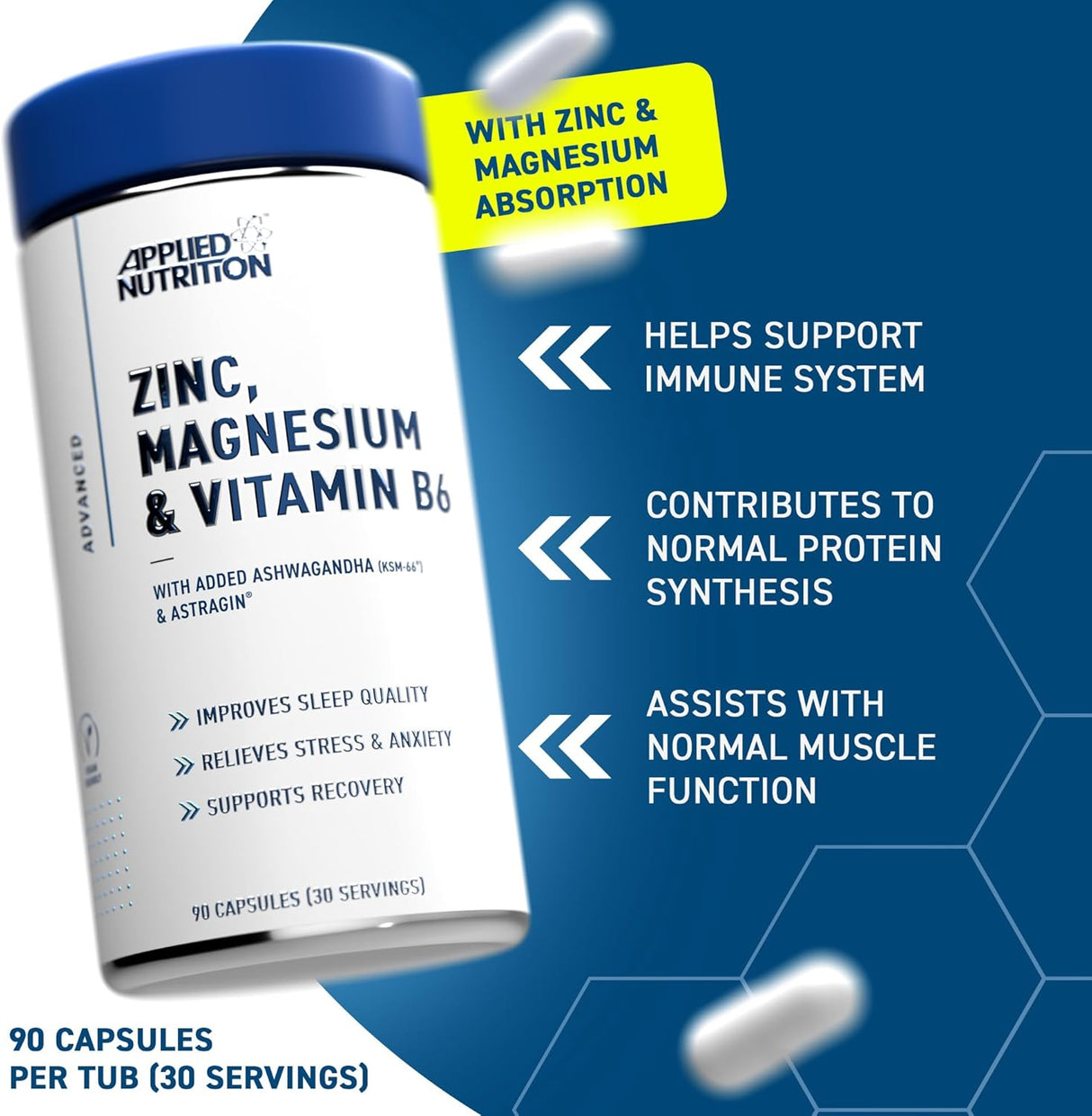 Applied Nutrition ZMA Pro | Zinc, Magnesium, Vitamin B6 & Ashwagandha | 90 Capsules (30 Servings)