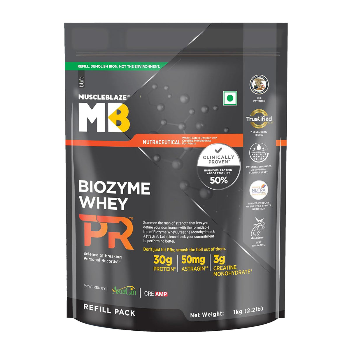 MuscleBlaze Biozyme Performance Whey Protein PR - 2.2 Lbs (Refill Pack)