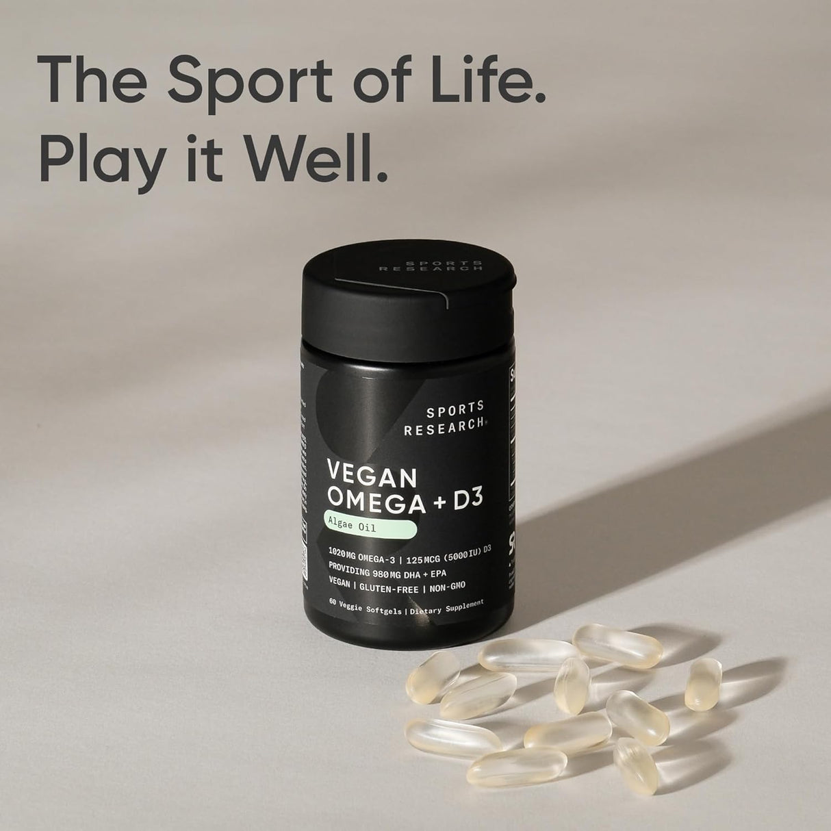 Sports Research Vegan Omega + D3 with Algae Oil | 1020mg | 60 Veggie Softgels